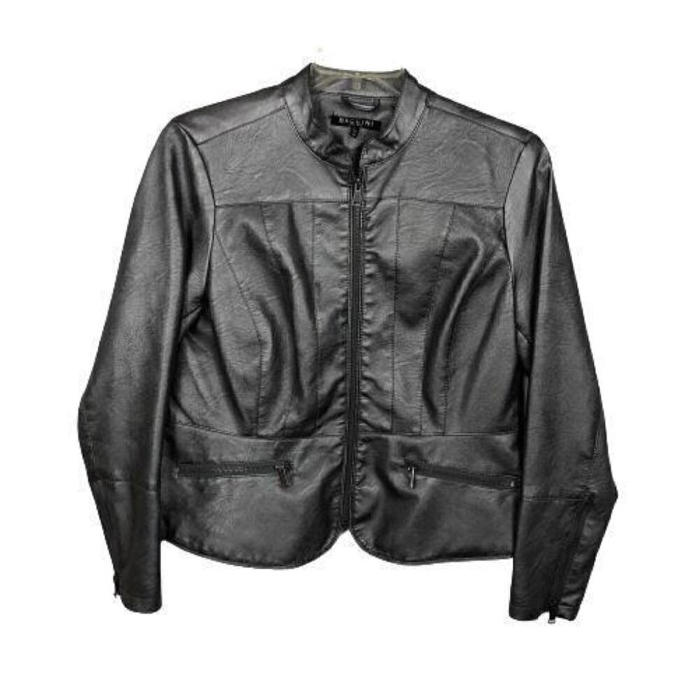 Baccini L Faux Leather Fitted Jacket Full Zip Silver 3000-4